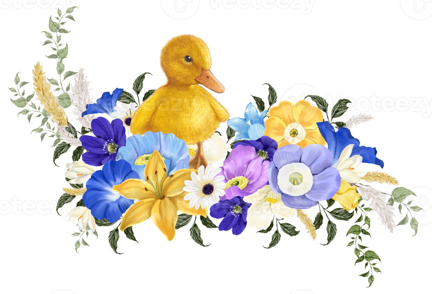 Spring floral watercolor with cute chick animal png