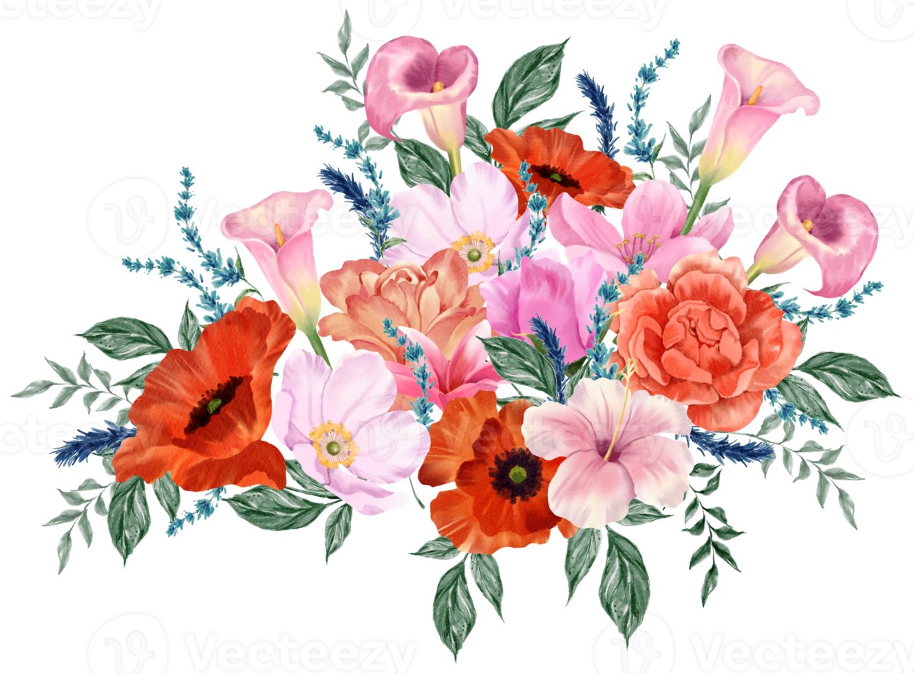 Spring floral bouquet watercolor red and pink flower blooming png