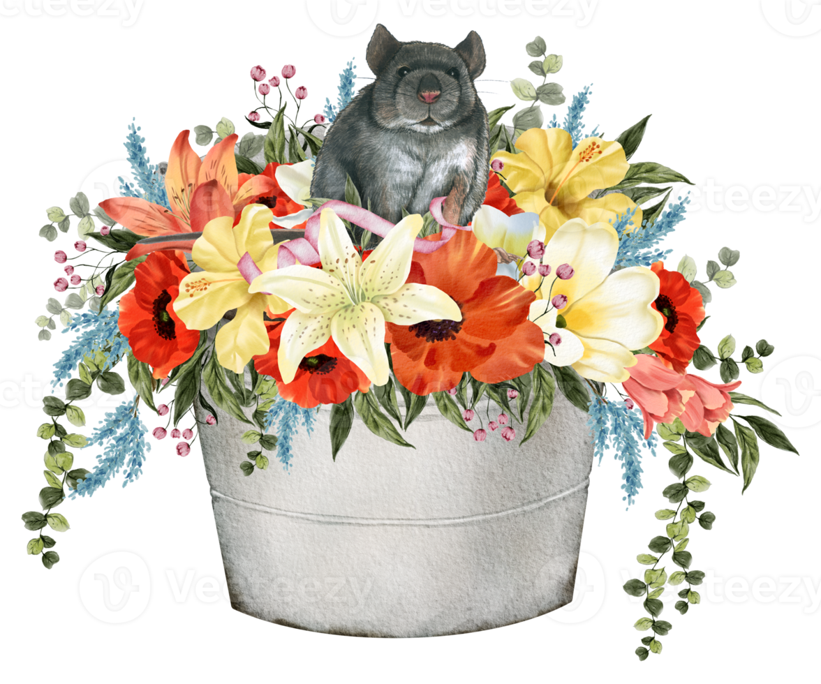 Spring floral watercolor with cute rat animal png