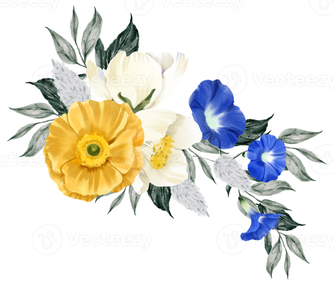 Spring floral bouquet watercolor blue and yellow flower blooming png