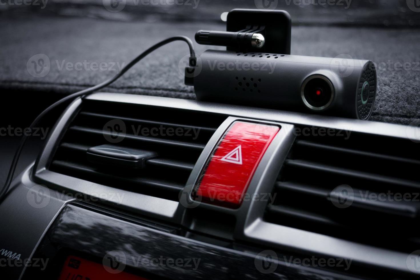 Car video camera dash cam and emergency light button in car ,Concept of safety camera for car protection, technology for safety photo