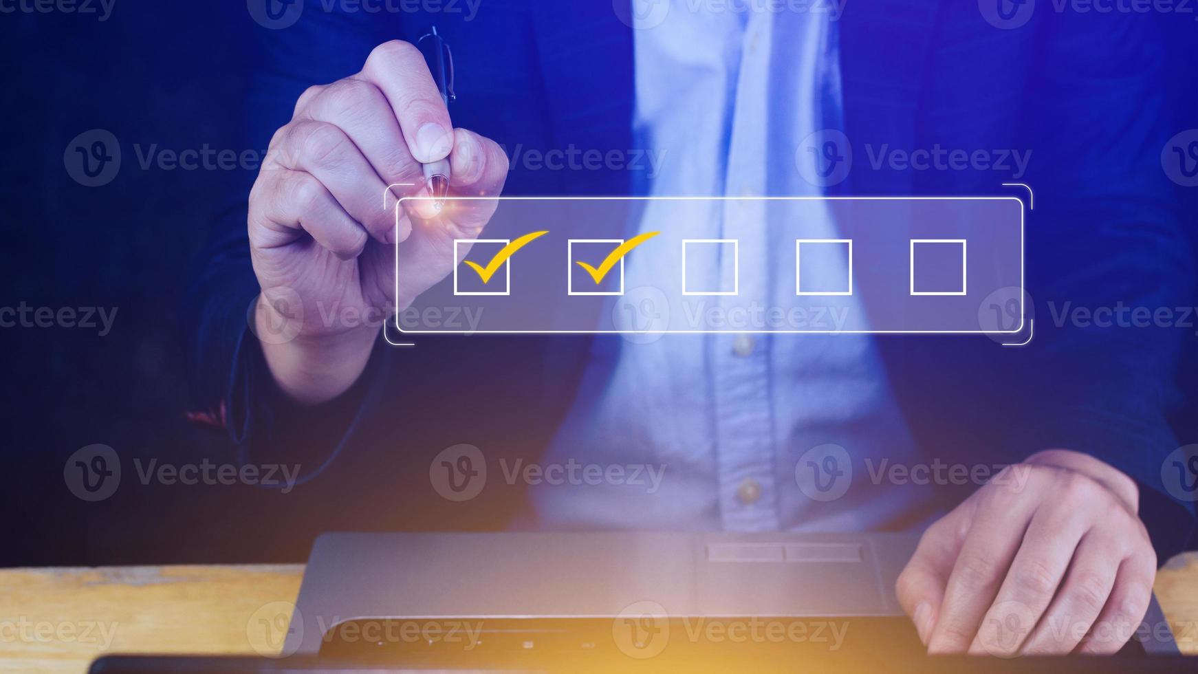 Businessman tick correct sign mark for document approve , project acceptance and quality assurance concept, take an assessment, questionnaire, evaluation, online survey online exam check list photo