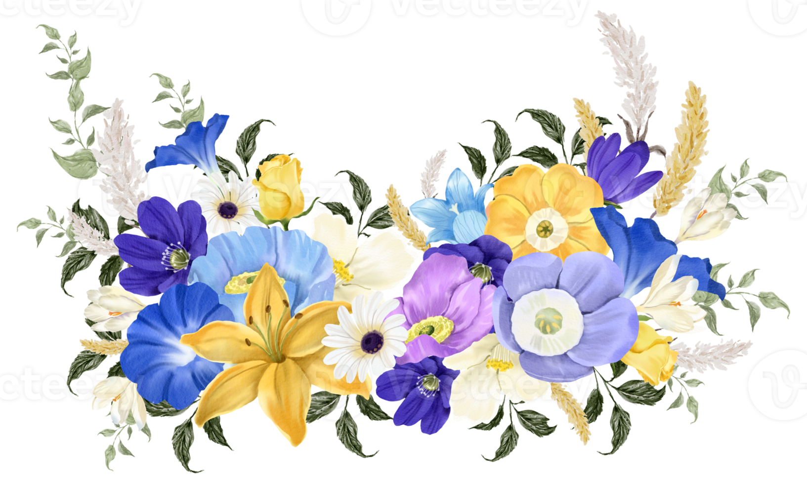 Spring floral bouquet watercolor blue and yellow flower blooming