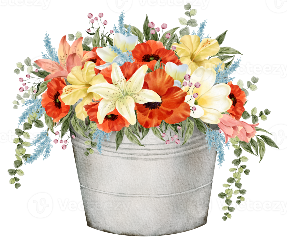 Spring floral watercolor with vintage bucket png
