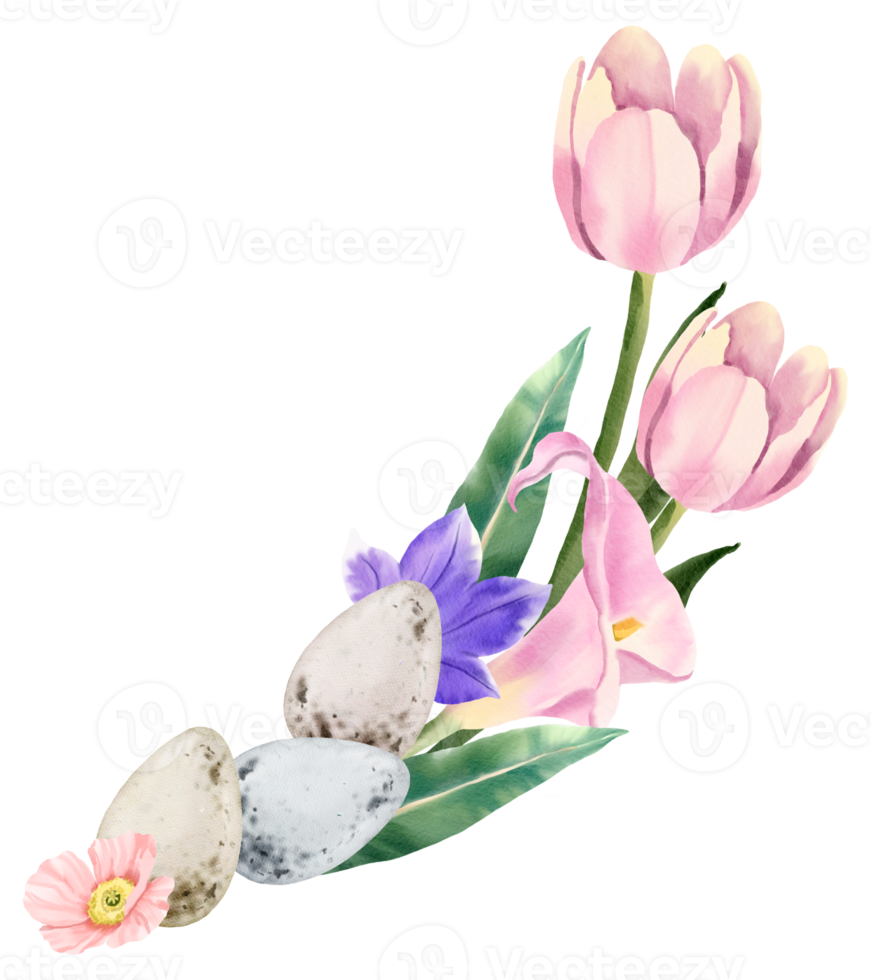 Easter Eggs with spring flower bouquet watercolor png