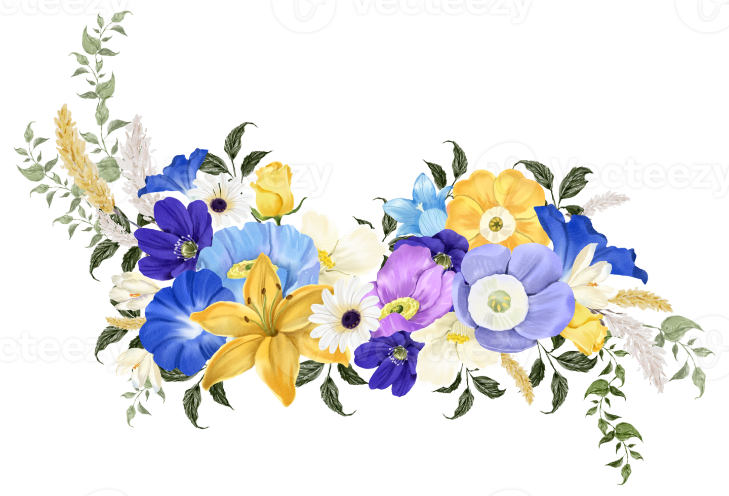 Spring floral bouquet watercolor blue and yellow flower blooming