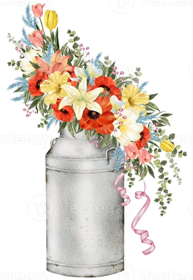 Spring floral watercolor with vintage bucket png