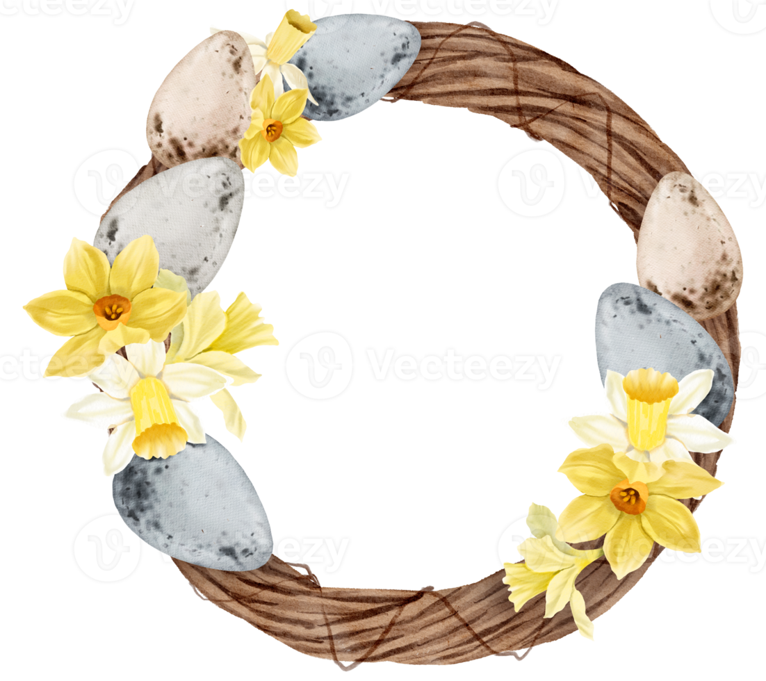 Easter eggs wreath watercolor with daffodils flower png