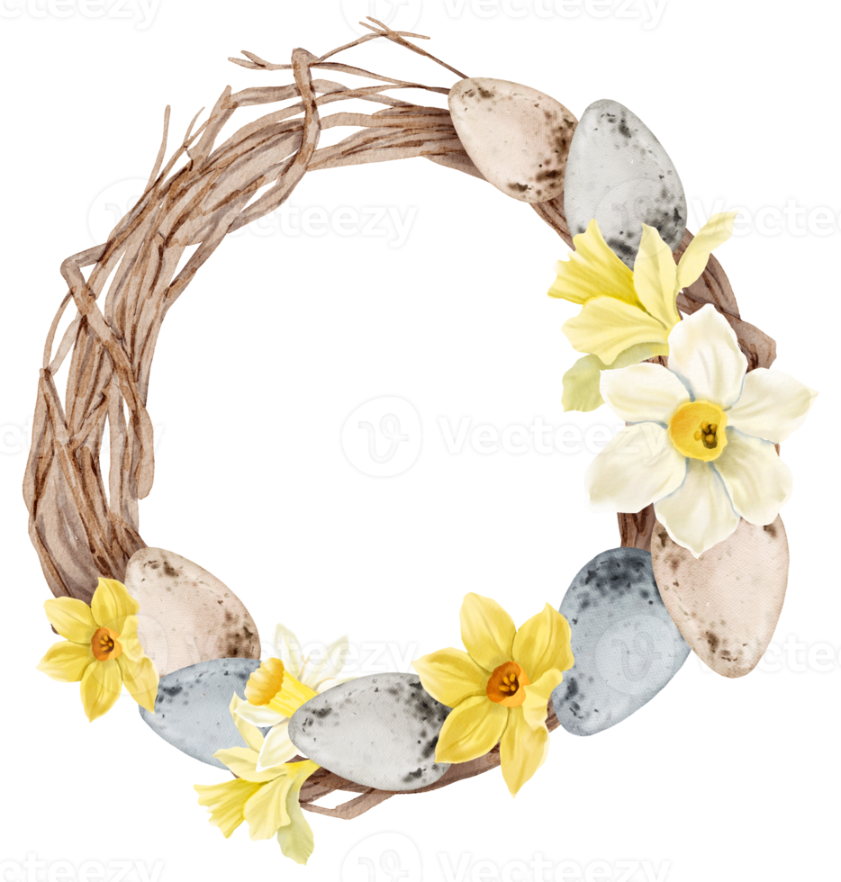 Easter eggs wreath watercolor with daffodils flower png