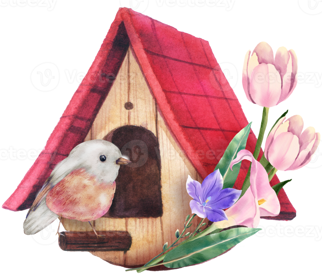 Vogelhaus mit Frühling Blume Aquarell png