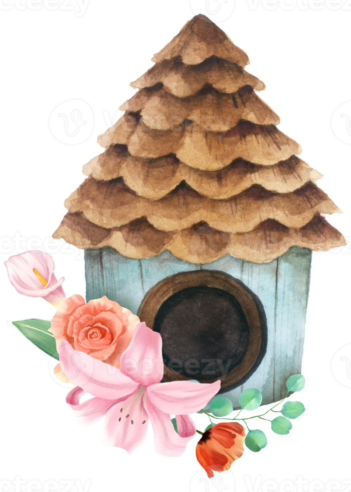 Vogelhaus mit Frühling Blume Aquarell png