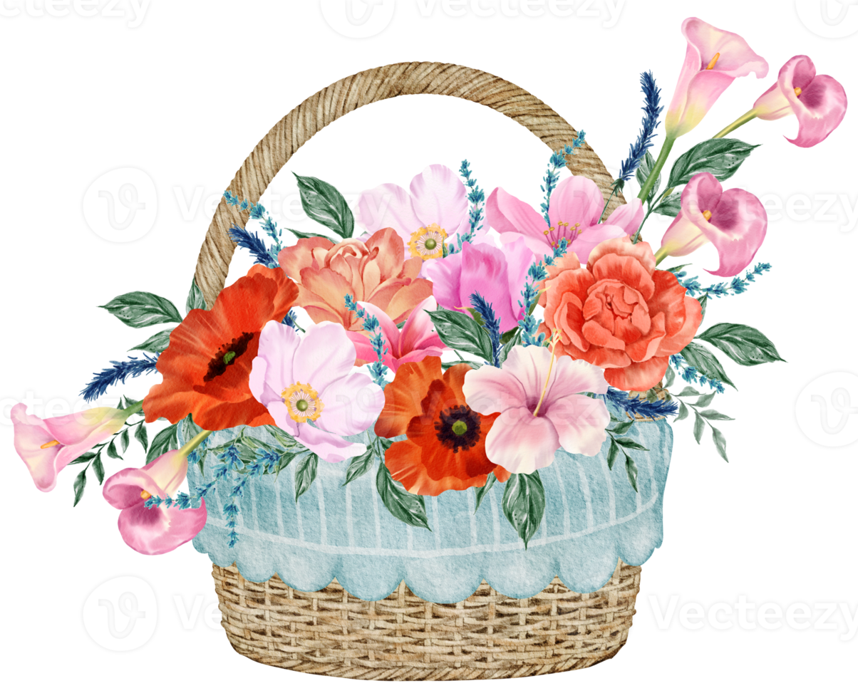 Spring floral watercolor with vintage bucket png