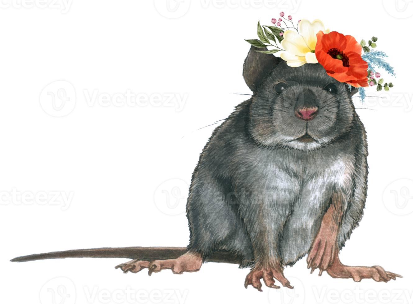 Spring floral watercolor with cute rat animal png