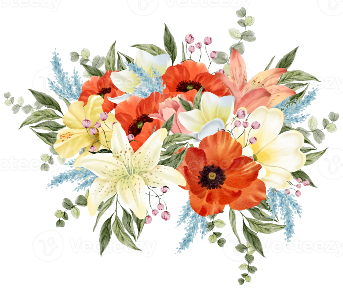 Spring floral bouquet watercolor red and yellow flower blooming png