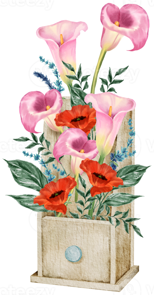 Spring floral watercolor with vintage bucket png