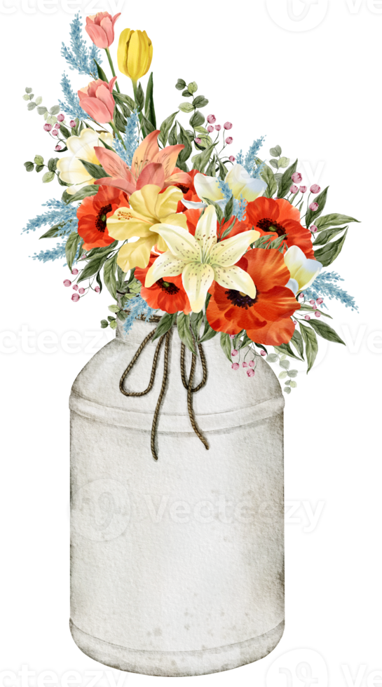 voorjaar bloemen waterverf met wijnoogst emmer png