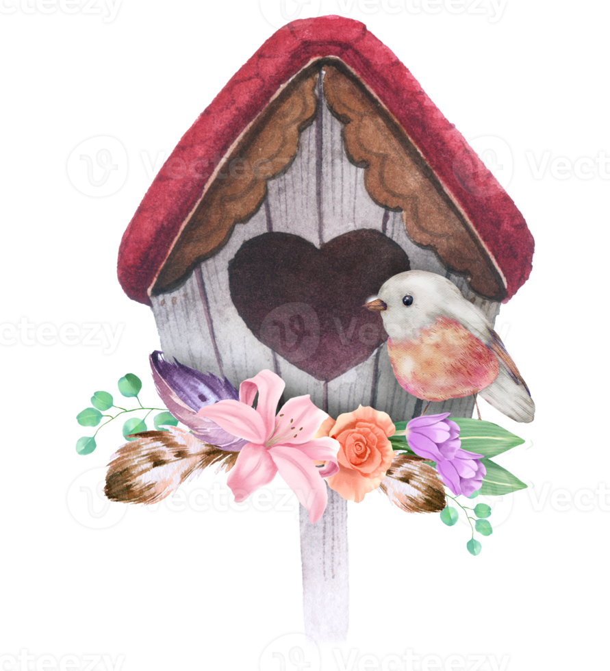Vogelhaus mit Frühling Blume Aquarell png