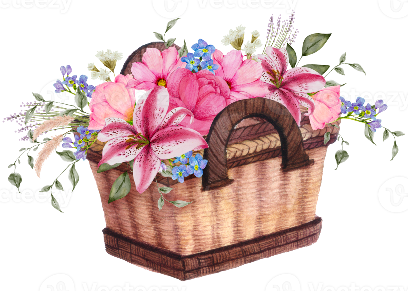 Spring flower with vintage basket watercolor png