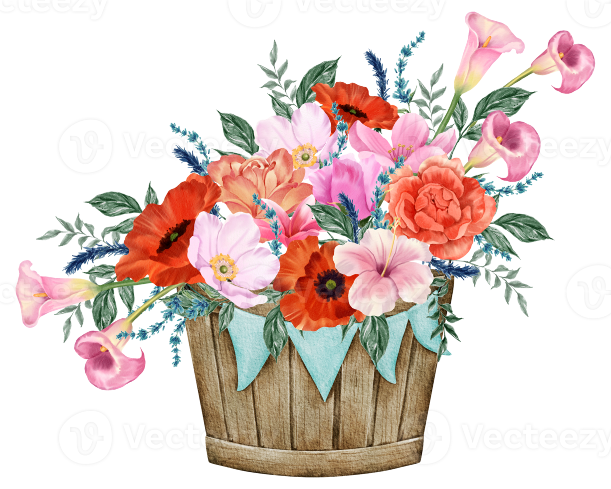 Spring floral watercolor with vintage bucket png