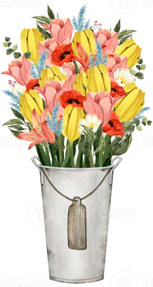 Spring floral watercolor with vintage bucket png