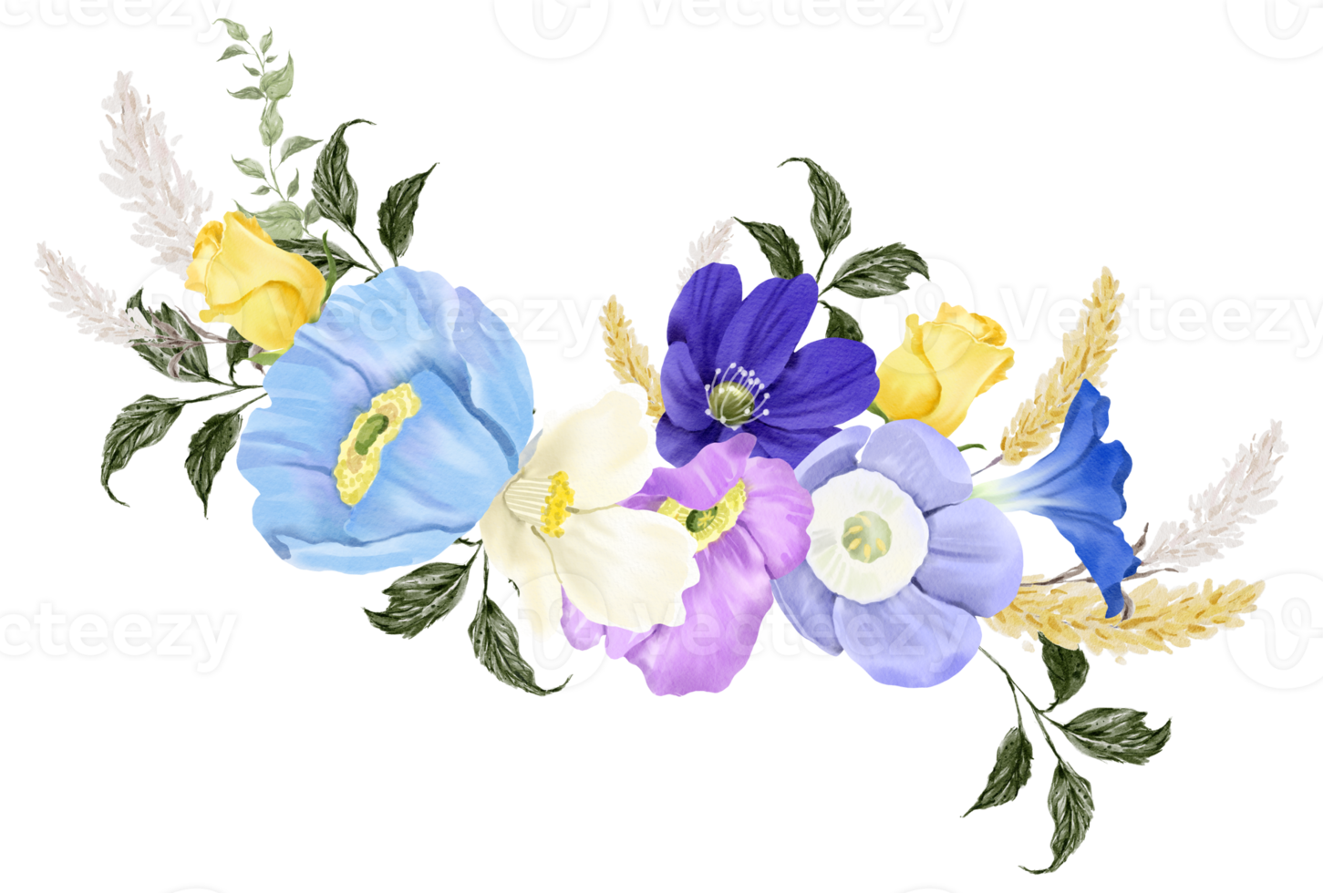 Spring floral bouquet watercolor blue and yellow flower blooming png