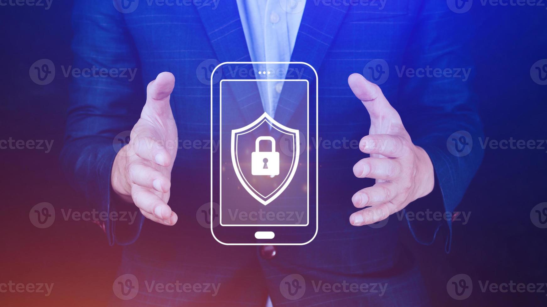Cybersecurity and privacy concepts to protect data. Lock icon and internet network security technology, Businessman protecting personal data on smartphone, Virtual screen interfaces, cyber security. photo