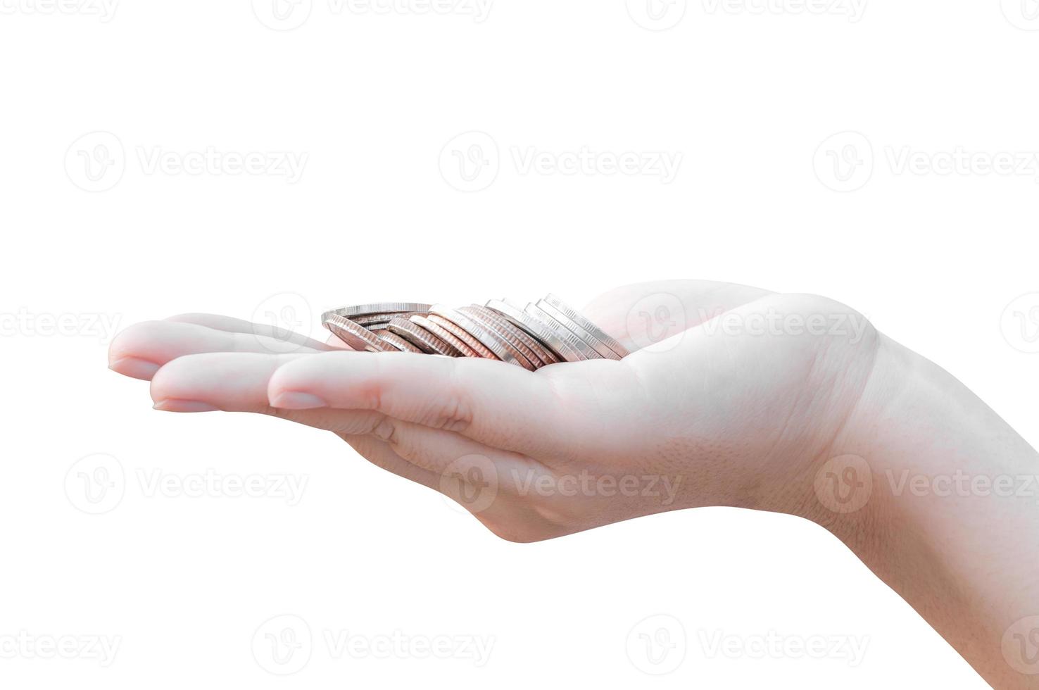 Coins in hands Isolated on white,Donation Investment Fund Financial Support Charity  Dividend Market Growth Home House Stock Trust Wealthy Giving Planned Accounting Collection Debt Banking ROI concept photo