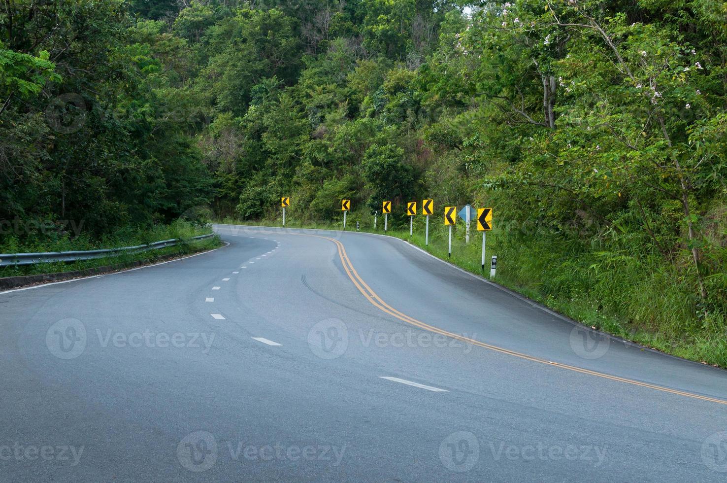 campo la carretera con arboles en ambos lados,curva de el la carretera a montaña foto