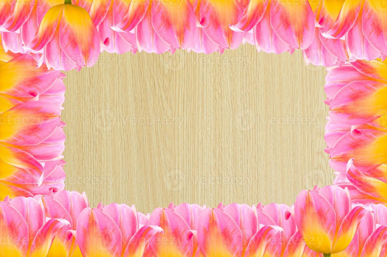 Tulips, frame  Fresh spring tulips flowers with space for text  on wooden background photo