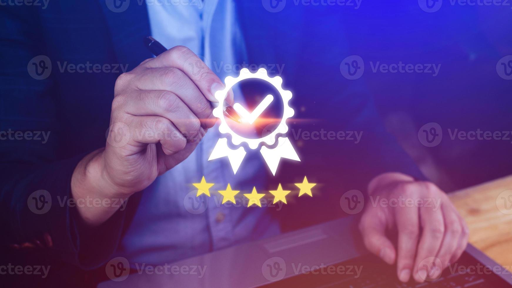 Businessman hand touching to symbol of the top service Quality assurance 5 star, Guarantee, best product, Standards, ISO certification and standardization concept. photo
