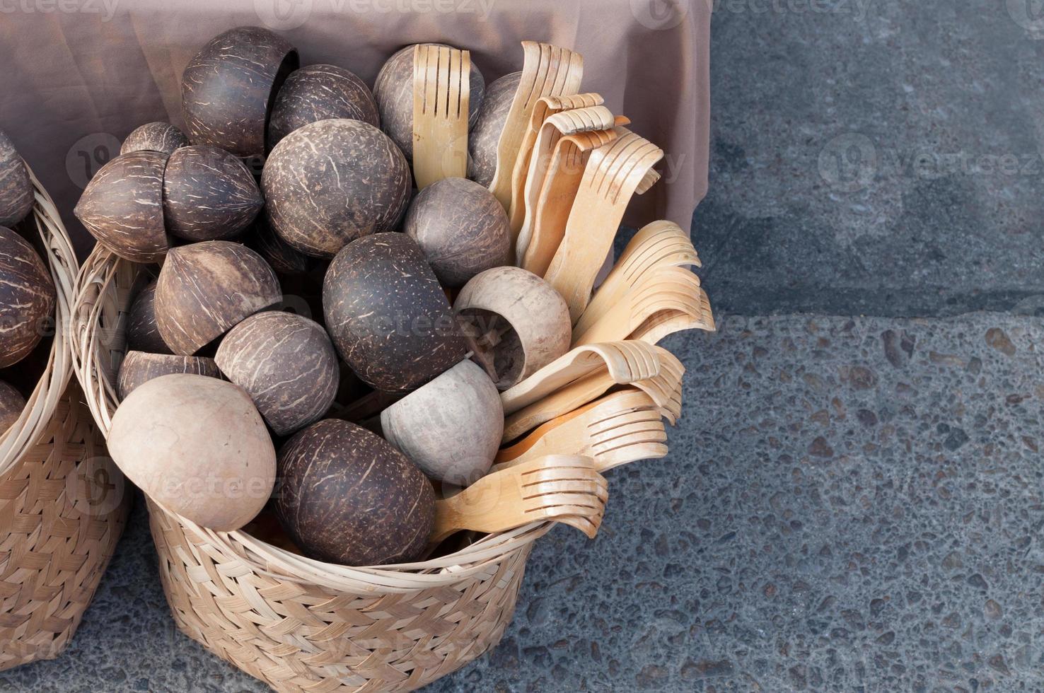 Product from Coconut shell carving in the market,Dipper made from coconut shell ,top view photo