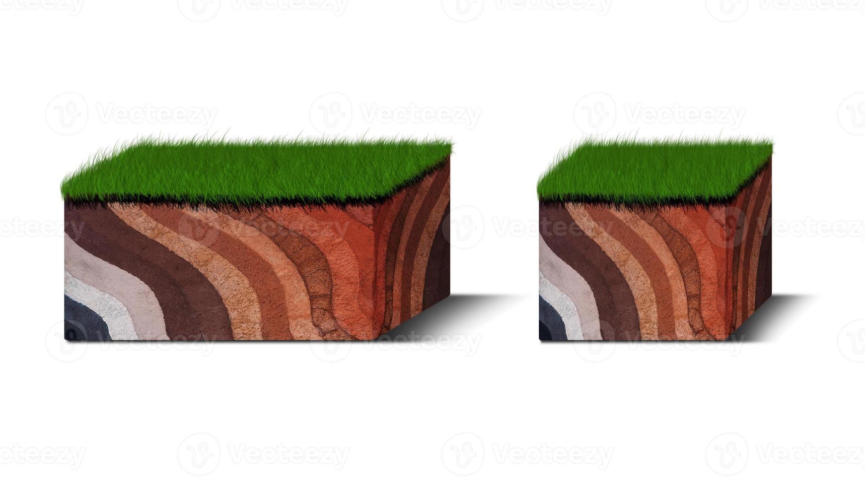 diagrama de capas de suelo isométricas, sección transversal de hierba verde y capas de suelo subterráneo debajo, estrato de orgánicos, minerales, arena, arcilla, capas de suelo isométricas aisladas en blanco foto