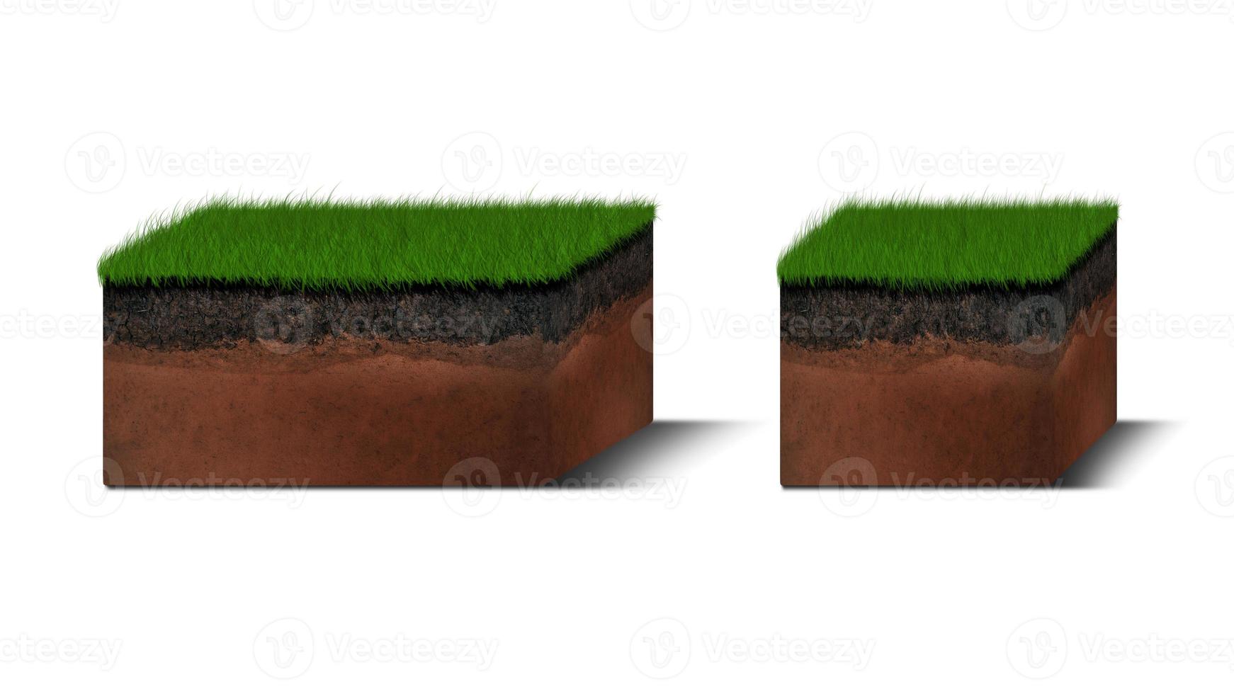 Isometric Soil Layers diagram, Cross section of green grass and underground soil layers beneath, stratum of organic, minerals, sand, clay, Isometric soil layers isolated on white photo
