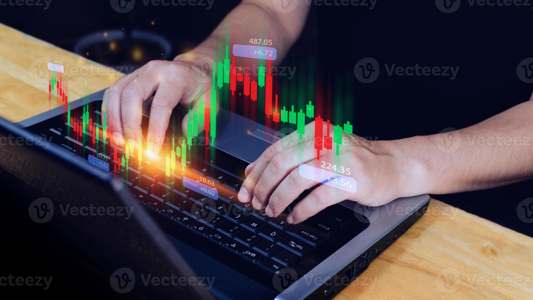 Hand of businessman or trader is showing growing virtual hologram stock, planning and strategy, Stock market, Business growth, progress or success concept. invest in trading. photo