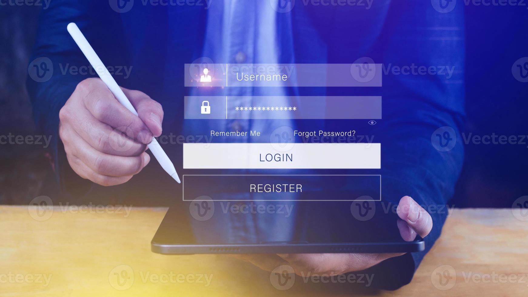 cyber security and Security password login online concept Hands typing and entering username and password of social media, login with online bank account, data protection hacker photo