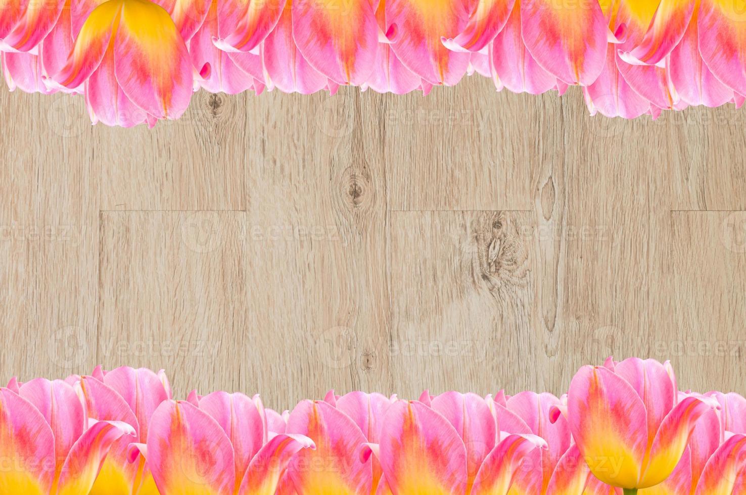 Tulips, frame  Fresh spring tulips flowers with space for text  on wooden background photo