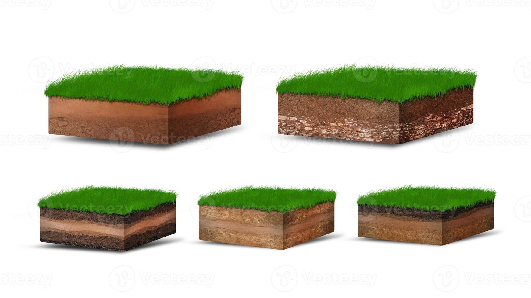 Isometric Soil Layers diagram, Cross section of green grass and underground soil layers beneath, stratum of organic, minerals, sand, clay, Isometric soil layers isolated on white photo