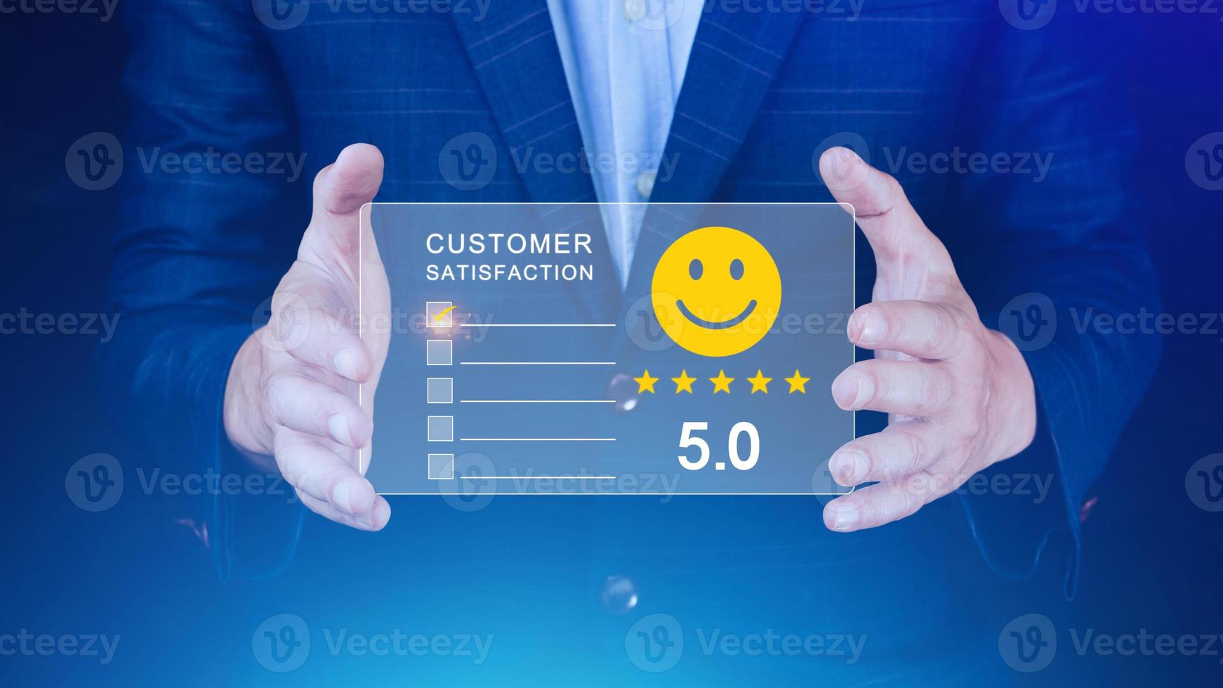 User gives rating to service experience on online application, Customer review satisfaction feedback survey concept, Customer can evaluate quality of service leading to reputation ranking of business. photo