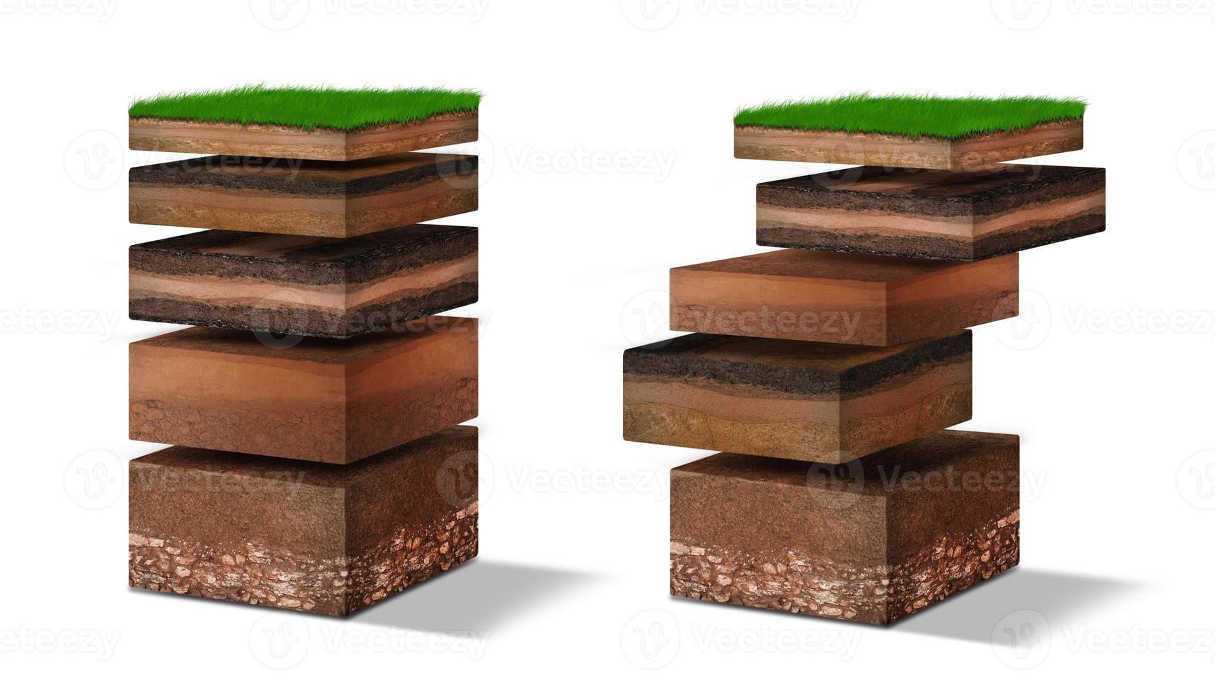 Isometric Soil Layers diagram, Cross section of green grass and underground soil layers beneath, stratum of organic, minerals, sand, clay, Isometric soil layers isolated on white photo