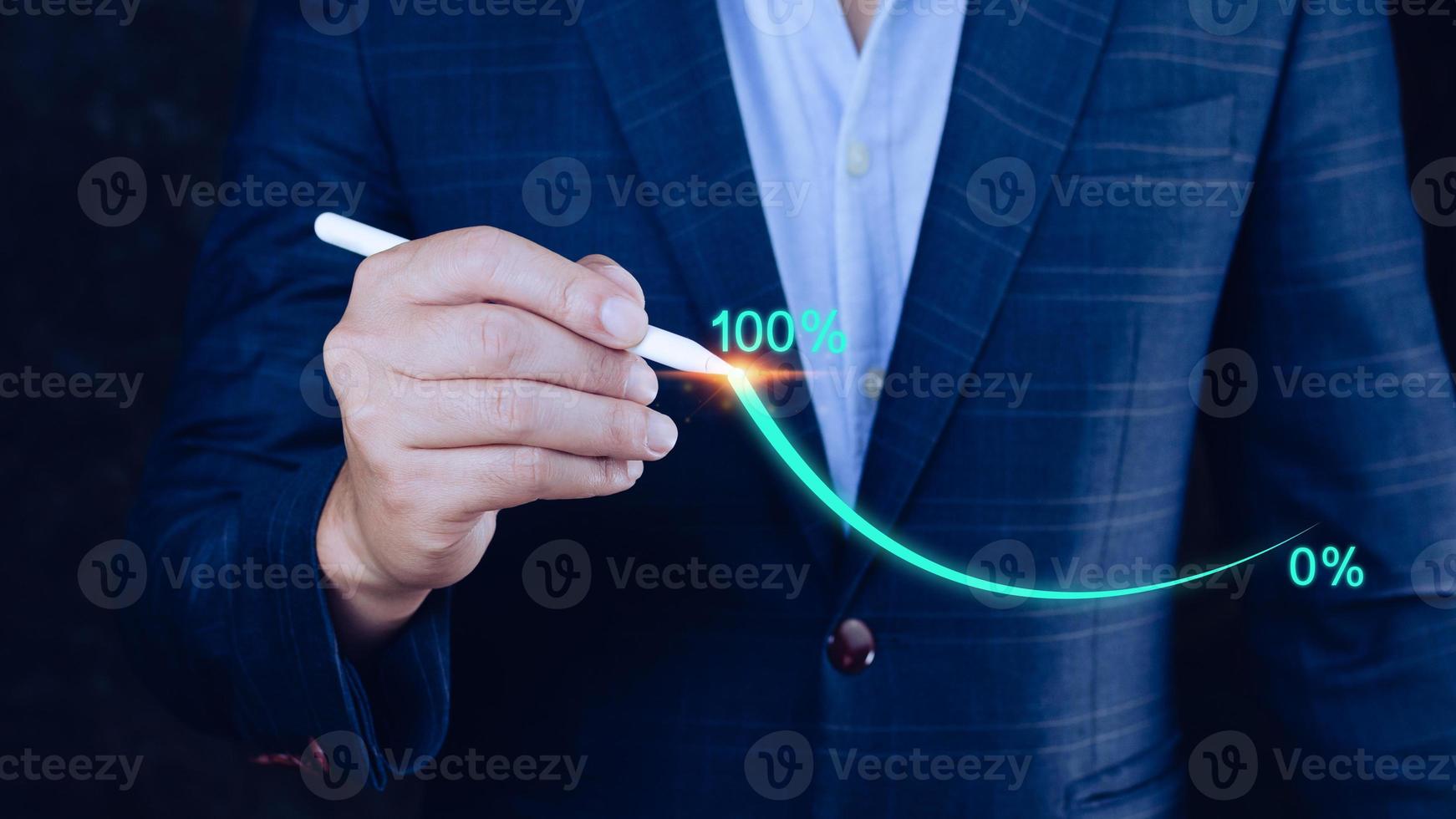 Businessman holding stylus pencil pointing touching to that has grown exponentially rapidly from 0 percent to 100 percent sales in short period of business success strategy and planning concept. photo