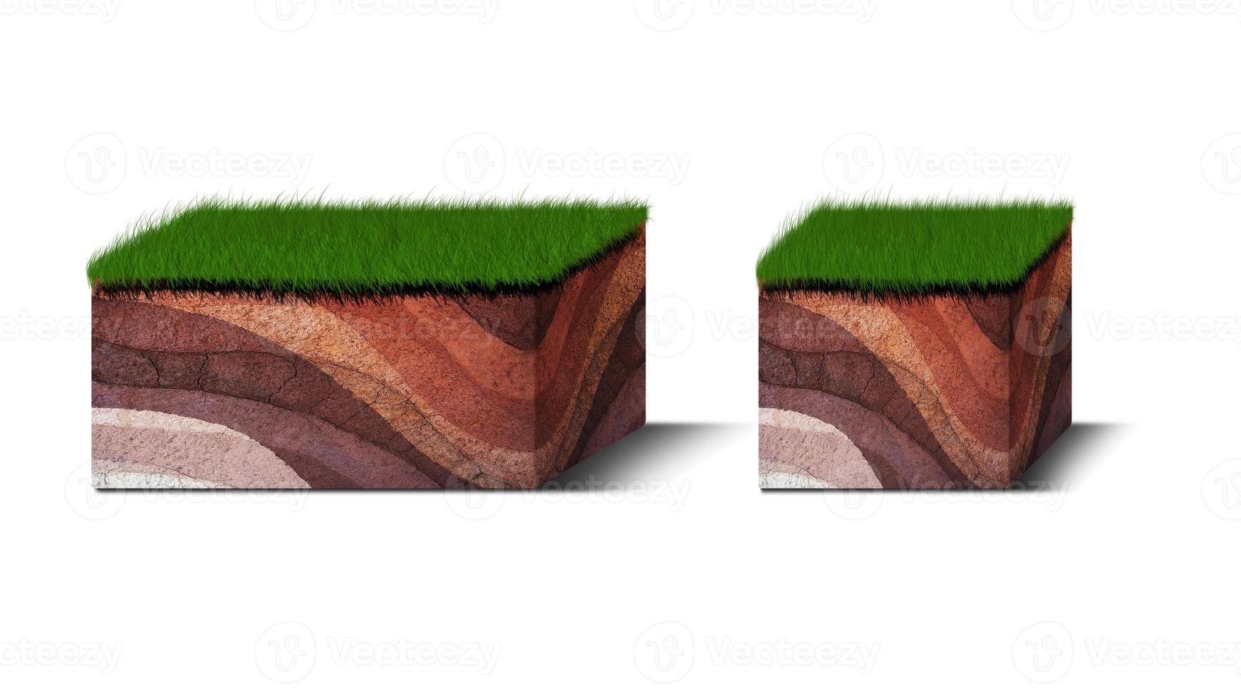 diagrama de capas de suelo isométricas, sección transversal de hierba verde y capas de suelo subterráneo debajo, estrato de orgánicos, minerales, arena, arcilla, capas de suelo isométricas aisladas en blanco foto