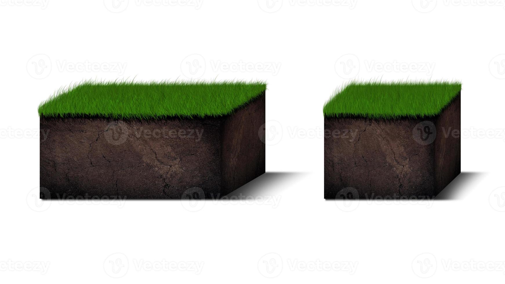 Isometric Soil Layers diagram, Cross section of green grass and underground soil layers beneath, stratum of organic, minerals, sand, clay, Isometric soil layers isolated on white photo