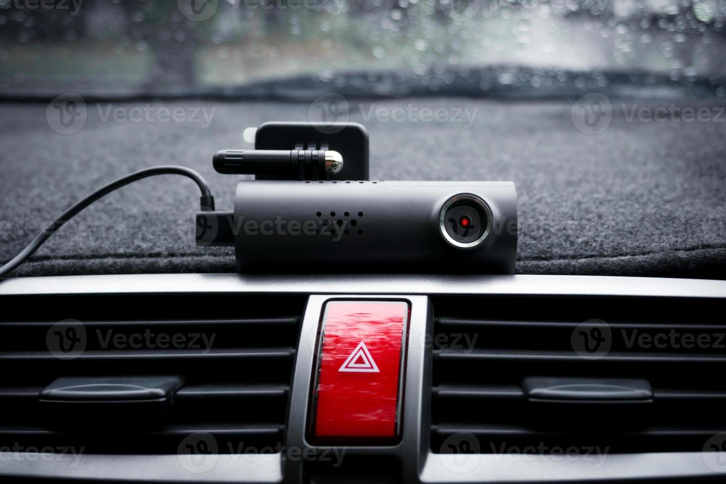 Car video camera dash cam and emergency light button in car ,Concept of safety camera for car protection, technology for safety photo