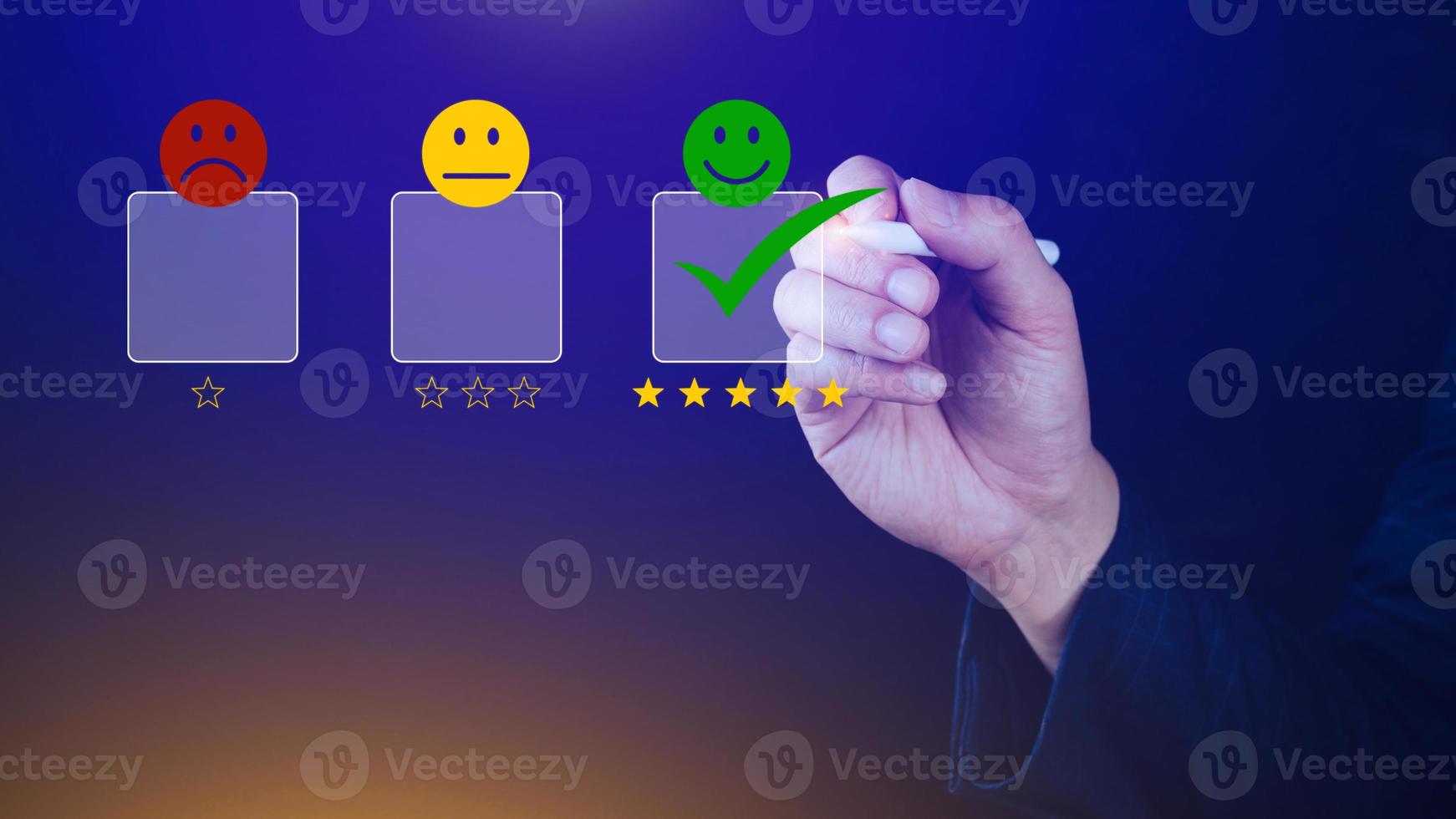 Businessman choosing happy smile face icon. feedback rating and positive customer review experience, satisfaction survey. mental health assessment. photo