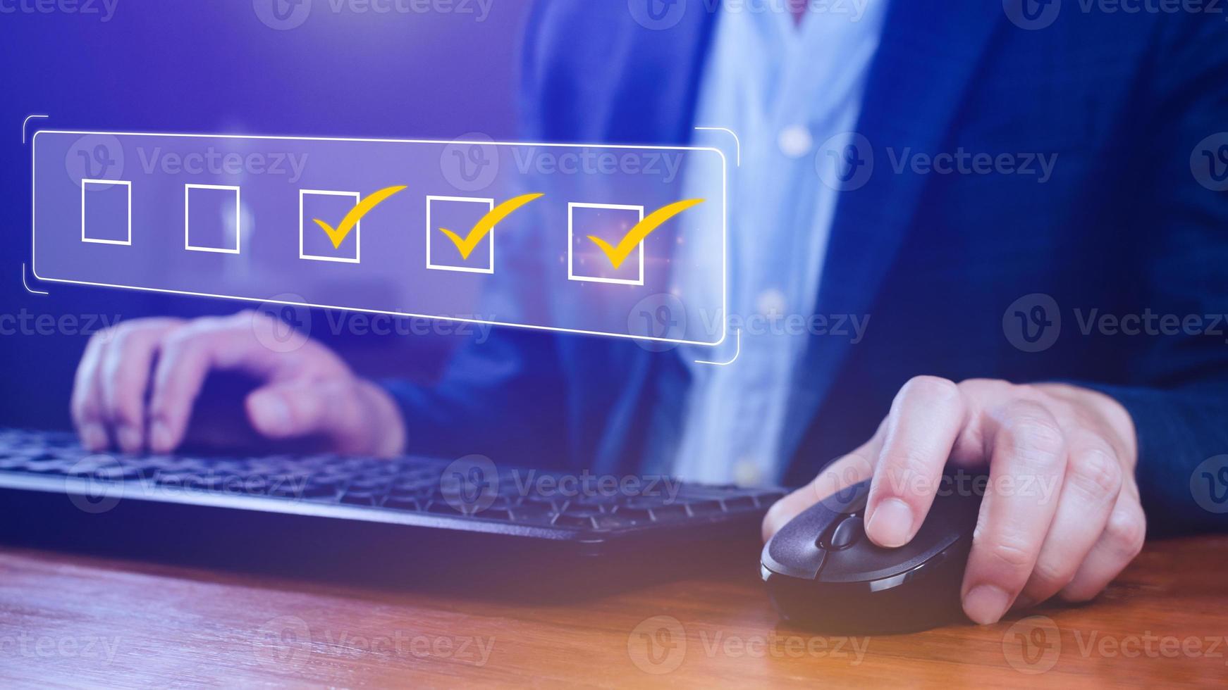 Businessman tick correct sign mark for document approve , project acceptance and quality assurance concept, take an assessment, questionnaire, evaluation, online survey online exam check list photo
