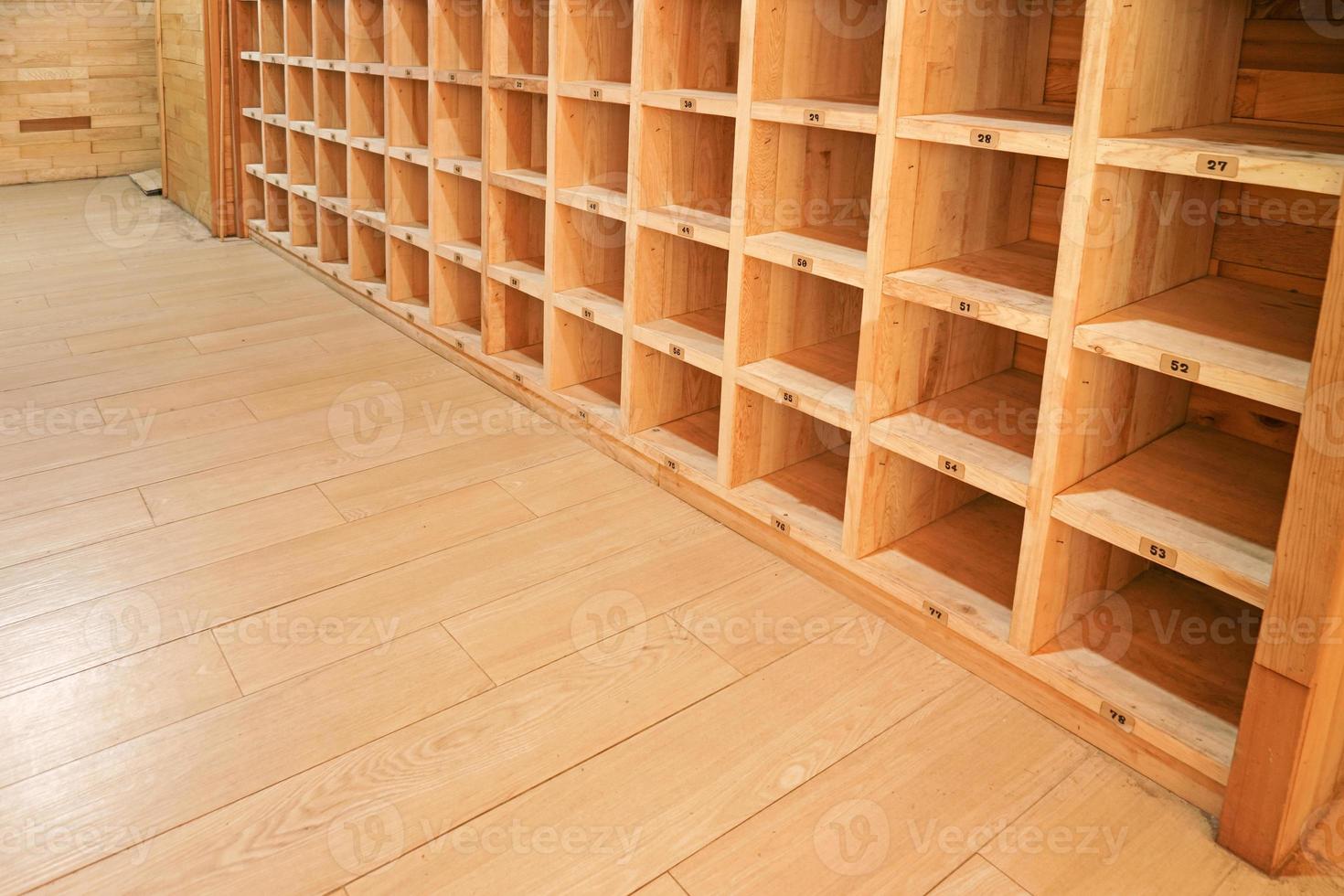 Empty wooden square shelves slots,Rectangular wooden block,Squares Blank wooden shelf. photo