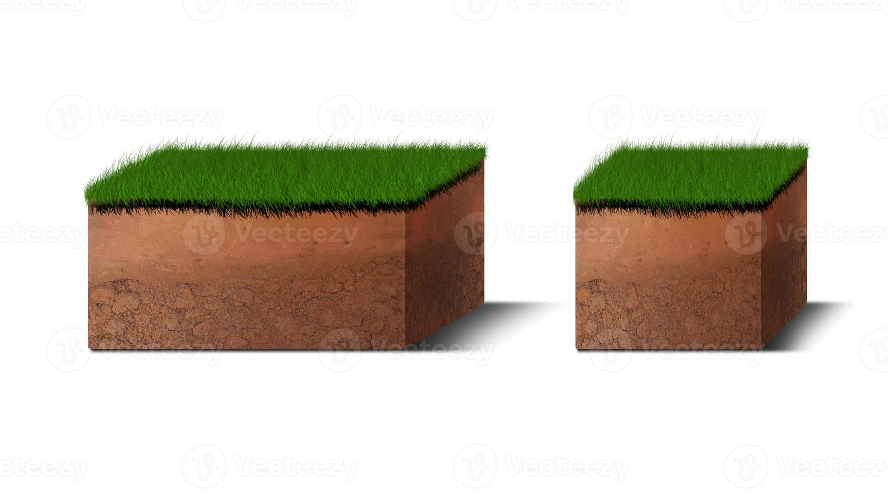 Isometric Soil Layers diagram, Cross section of green grass and underground soil layers beneath, stratum of organic, minerals, sand, clay, Isometric soil layers isolated on white photo