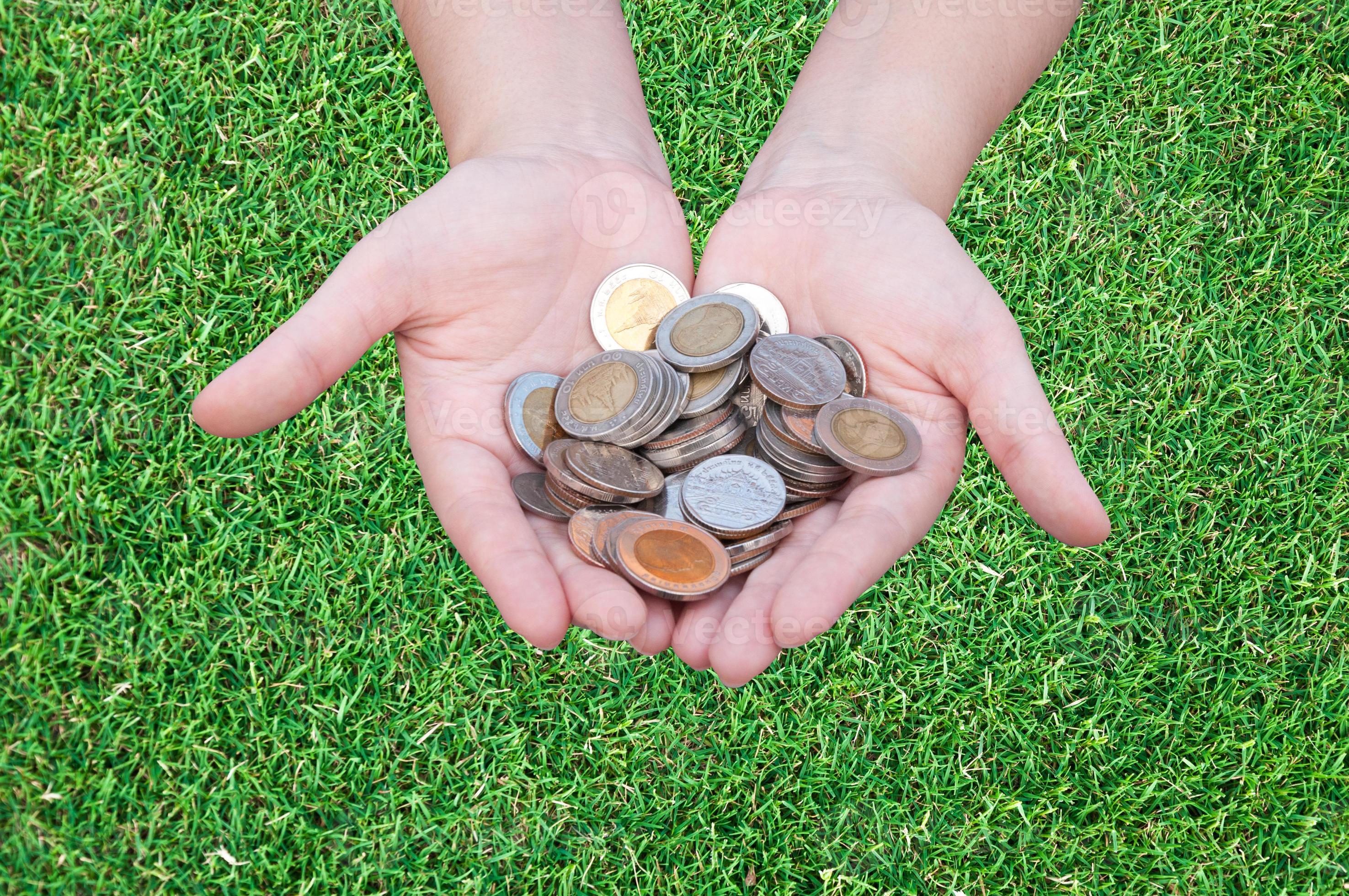 Coins in hands on grass,Donation Investment Fund Financial Support