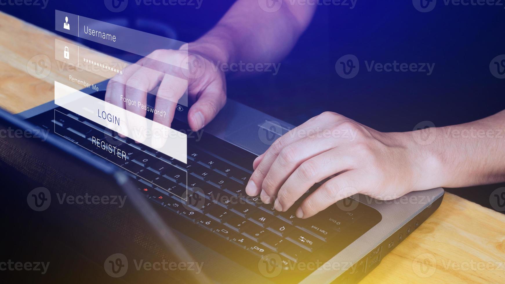 cyber security and Security password login online concept Hands typing and entering username and password of social media, login with online bank account, data protection hacker photo