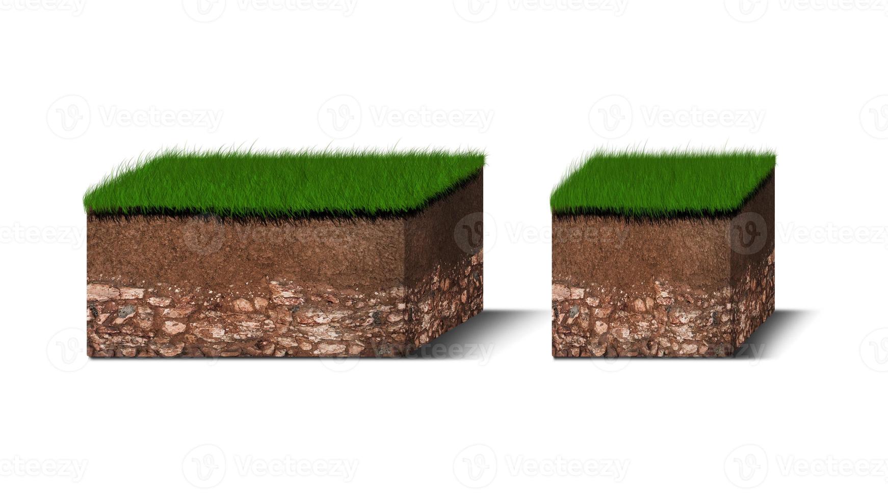 Isometric Soil Layers diagram, Cross section of green grass and underground soil layers beneath, stratum of organic, minerals, sand, clay, Isometric soil layers isolated on white photo